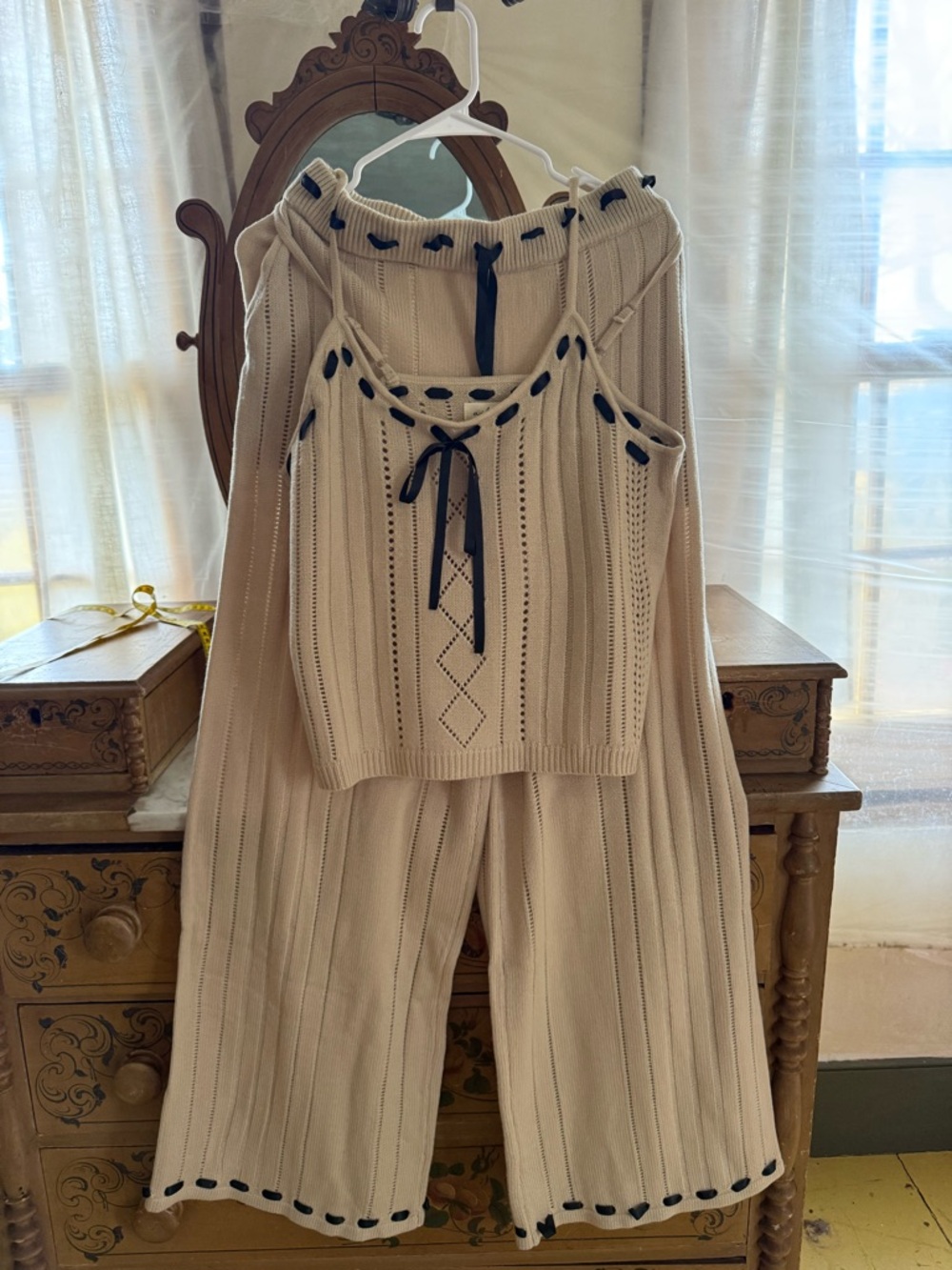 Beige Knit Two-Piece Set with Black Tie Detail